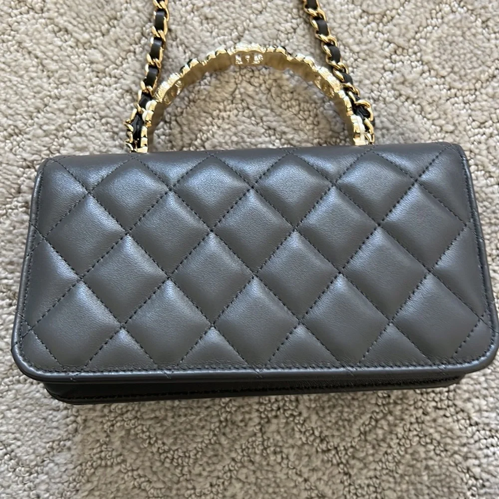 Chanel Grey Flap Phone Holder with Floral Handle and Chain
